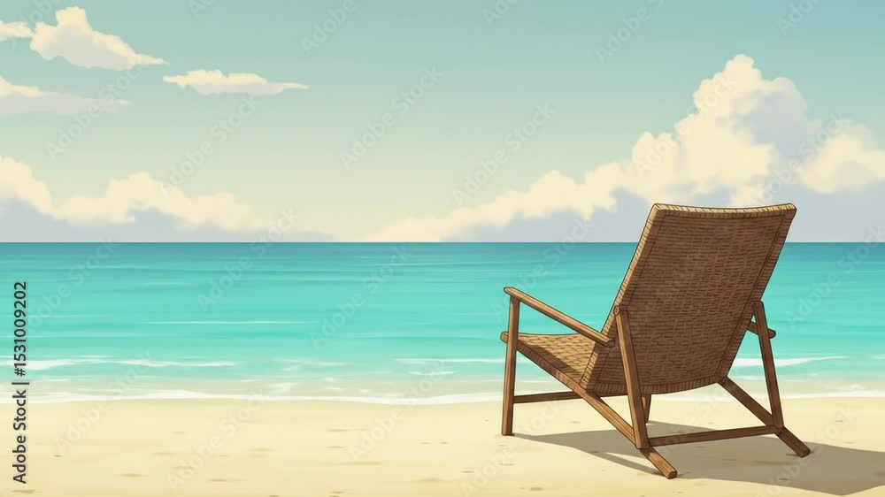 Beautiful beach scene with ocean waves and wicker chair digital illustration for graphic design