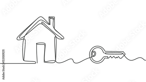 Minimalist Line Art Depicting a House and Key on White Background