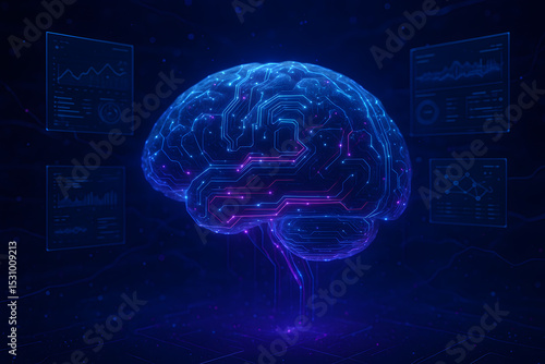 Futuristic Artificial Intelligence Brain with Glowing Circuits and Holographic Interface