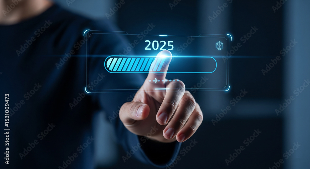 Businessman interacts with a digital loading bar displaying Businessman interacts with a digital loading bar displaying
