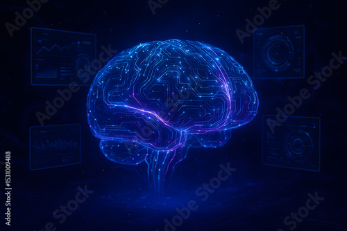 Futuristic Artificial Intelligence Brain with Glowing Circuits and Holographic Interface