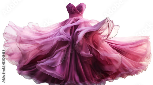 A beautiful, elegant dress in shades of pink, transitioning from light blush to deep fuchsia, is showcased against a white background. The gown features 