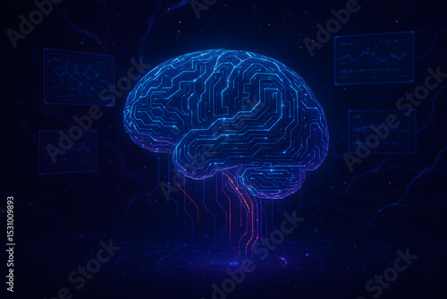 Futuristic Artificial Intelligence Brain with Glowing Circuits and Holographic Interface