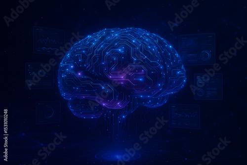 Futuristic Artificial Intelligence Brain with Glowing Circuits and Holographic Interface