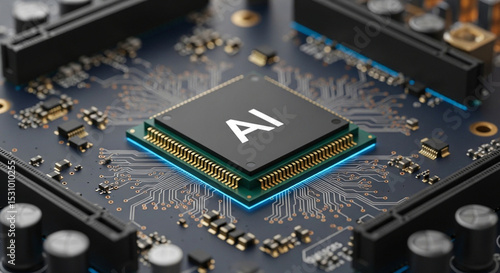 Close-up of a computer circuit board with an AI processor chip highlighted.