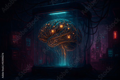 Futuristic Artificial Intelligence Brain with Glowing Circuits and Holographic Interface