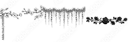 Modern illustration featuring a horizontal seamless vignette with rose buds