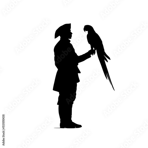 The modern silhouette of a pirate accompanied by a parrot is detailed and in EPS