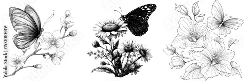 He has modern illustrations of black and white butterflies and flowers