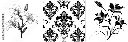 Modern illustration featuring a set of black silhouettes of lily flowers, known as fleur-de-lis