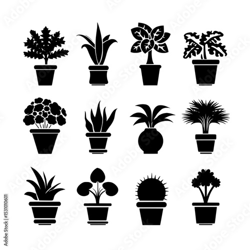 Modern pot containing a set of plants and flowers rendered as silhouettes in a black and white drawing