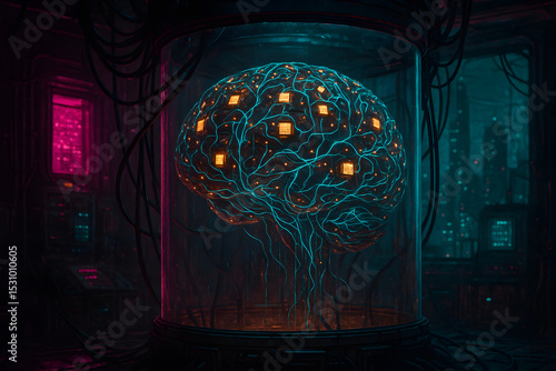 Futuristic Artificial Intelligence Brain with Glowing Circuits and Holographic Interface