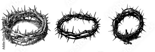 The icon of a crown of thorns is depicted in black and isolated on a white background in this modern stock illustration of a religious symbol