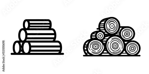 A modern stock illustration featuring a stack of logs icon in black style, isolated on white, representing sawmill and timber symbols
