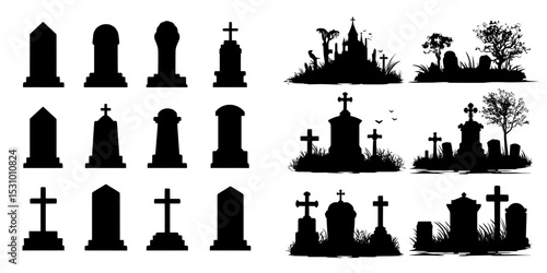 Elements of a cemetery including black silhouettes of tombstones, crosses, and gravestones, creating a graveyard landscape