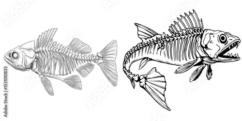 A dark graphic representation of a deceased monster fish's skeletal remains, complete with bones