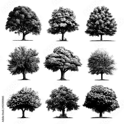 Collection of authentic contemporary outlines of deciduous trees set against a white backdrop