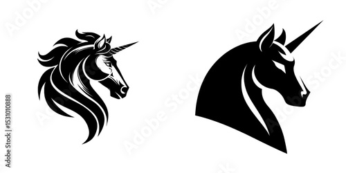 The black shape of a unicorn's head is prominently featured in this modern illustration, a stylized drawing isolated on a white background, ideal for a graphic icon, print, or logo