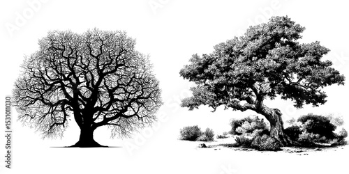 A modern oak tree silhouette logo is depicted in a nature-inspired wood tree illustration, showcasing the simplicity of a tree silhouette