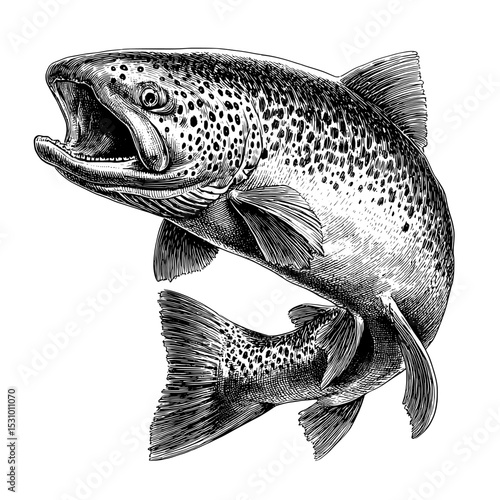 The line art style is used to create highly detailed salmon artwork, including modern fish designs that are hand-drawn, such as a fish tattoo on a white background, and a black and white fish on a
