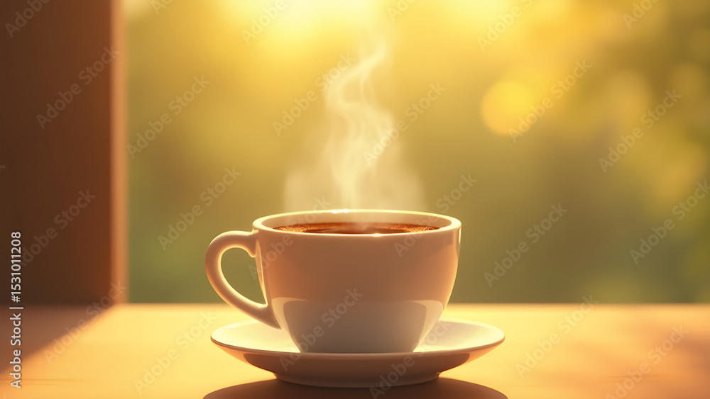 Obraz premium Steaming Cup of Coffee in the Morning Sunlight