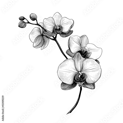 A lone orchid with lush features is depicted in a silhouette illustration set against a white background