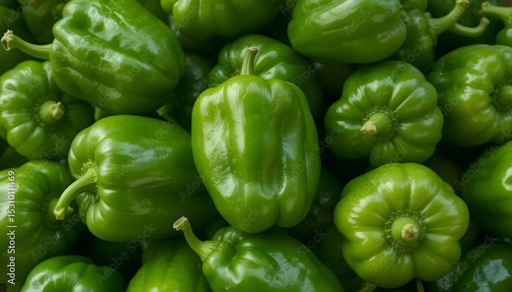 A group of fresh green peppers piled together, glossy skin, natural imperfections, studio lighting A group of fresh green peppers piled together, glossy skin, natural imperfections, studio lighting
