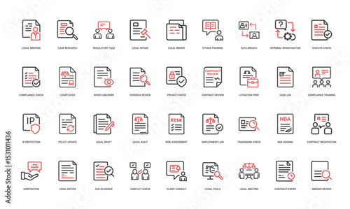 collection legal team icons legal services processes using red black colors