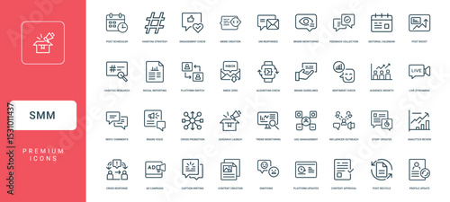 social media marketing management smm collection linear icons