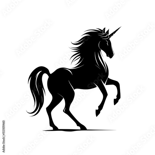 Modern black silhouette of prancing unicorn horses over white