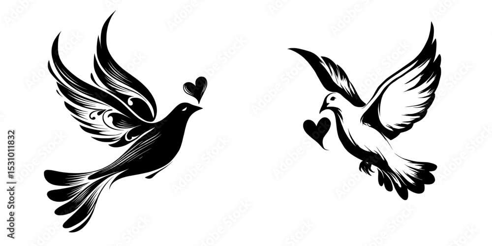 Obraz premium The image features a sleek black dove with a heart clutched in its beak, soaring through a pristine white space