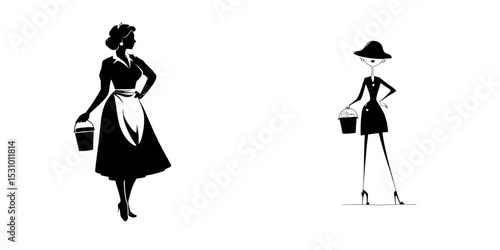 The image features a beautiful maid dressed in a traditional French uniform, presented in a stylized cartoon character design, carrying a bucket and towel, on a clean white background with a modern