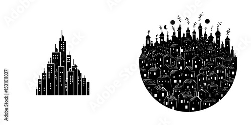 The city, town, and their various roofs and chimneys form a modern icon in the shape of a black silhouette