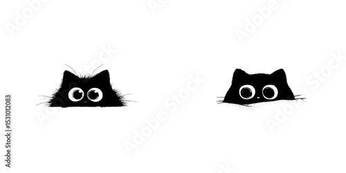 On an isolated white background, a cute black cat with green eyes can be seen peeking out, exemplifying the curious and amusing personality of the cat as it engages in a game of hide and peep within