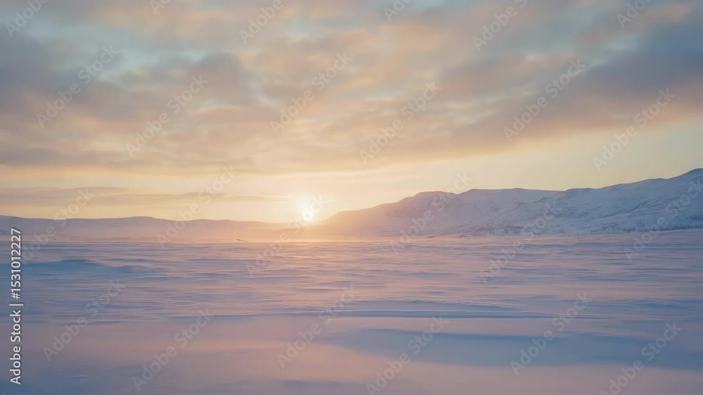 Soft golden rays warming snow blanketed plains, casting pastel hues across distant mountain ranges and creating breathtaking arctic wilderness under expansive nordic winter sky Soft golden rays warming snow blanketed plains, casting pastel hues across distant mountain ranges and creating breathtaking arctic wilderness under expansive nordic winter sky