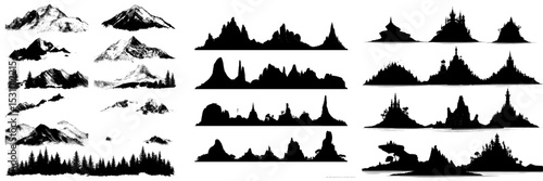 Isolated illustrations of various mountain silhouettes including highlands, hills, rocks, plateaus, and volcanoes on a white background, forming a comprehensive modern set