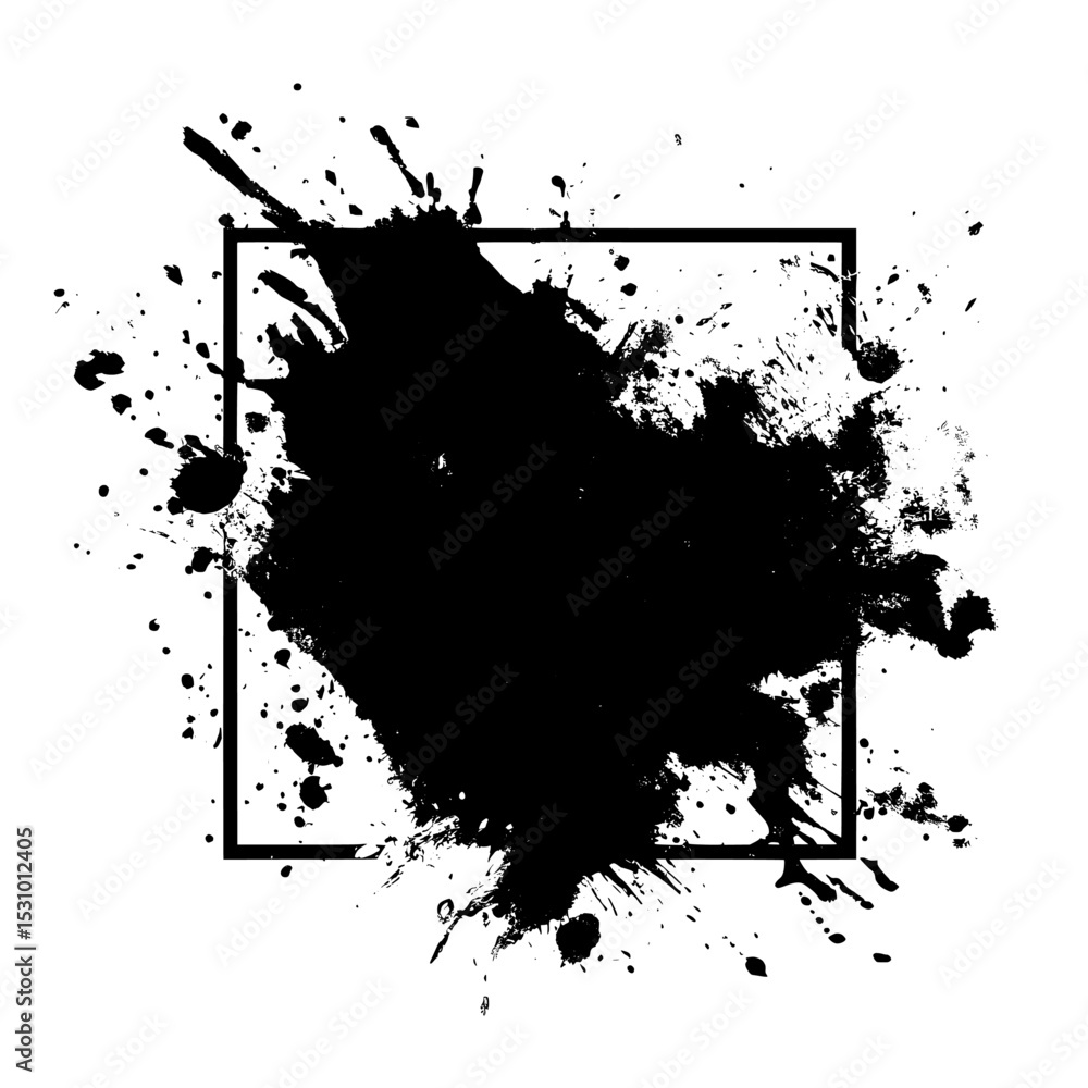 Obraz premium A modern illustration is formed by combining a white background with black paint spots and a grunge paint frame