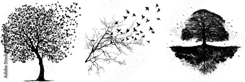 A modern illustration featuring the silhouette of a tree accompanied by flying birds
