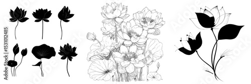 Collection of contemporary white backgrounds featuring hand-drawn black silhouettes of lotus flowers and leaves