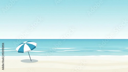 Calm beach scene illustration with blue sky and umbrella