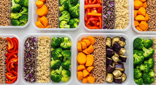 Food containers filled with healthy meals, including vegetables, grains, and colorful ingredients, arranged for meal prepping.