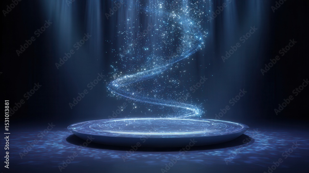 Obraz premium Mysterious pedestal: An evocative digital rendering showcases a futuristic, circular pedestal under a mesmerizing stream of glowing particles, creating a sense of wonder and technological advancement.