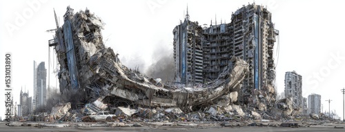 The image of a ruined city, with a building destroyed in the war, is presented as a 3d rendering in png format, featuring a transparent background, clip art, and cut-out elements, all set after an