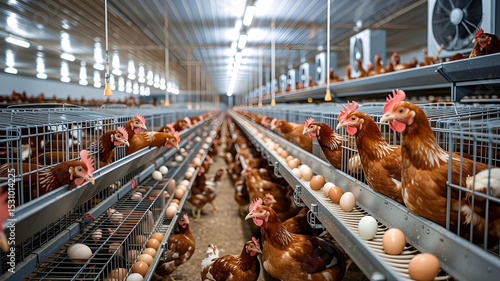 Bright, automated egg facility with caged hens and modern conveyor systems.









