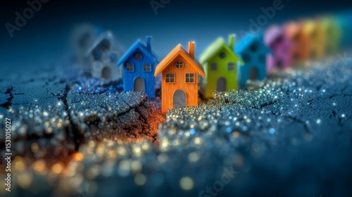 The image of tiny, colorful houses on a fractured ground surface represents the potential dangers that communities face from earthquakes and similar natural disasters