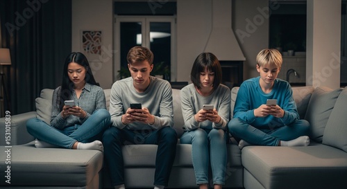 4 adolescents sur un canapé, chacun absorbé par son téléphone portable