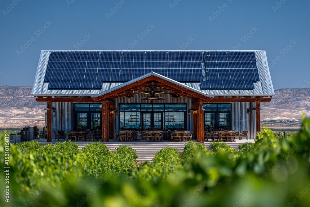 Fototapeta premium An industrial building's roof is used to generate renewable energy with solar panels
