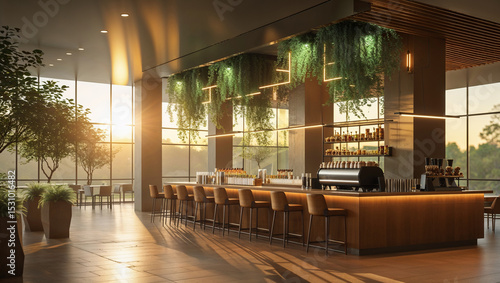 Modern restaurant bar with natural light and greenery in a stylish interior design