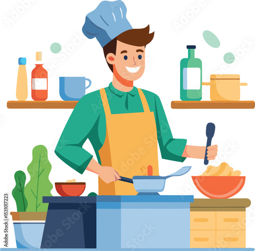 Smiling male chef preparing a meal in the kitchen, flat illustration