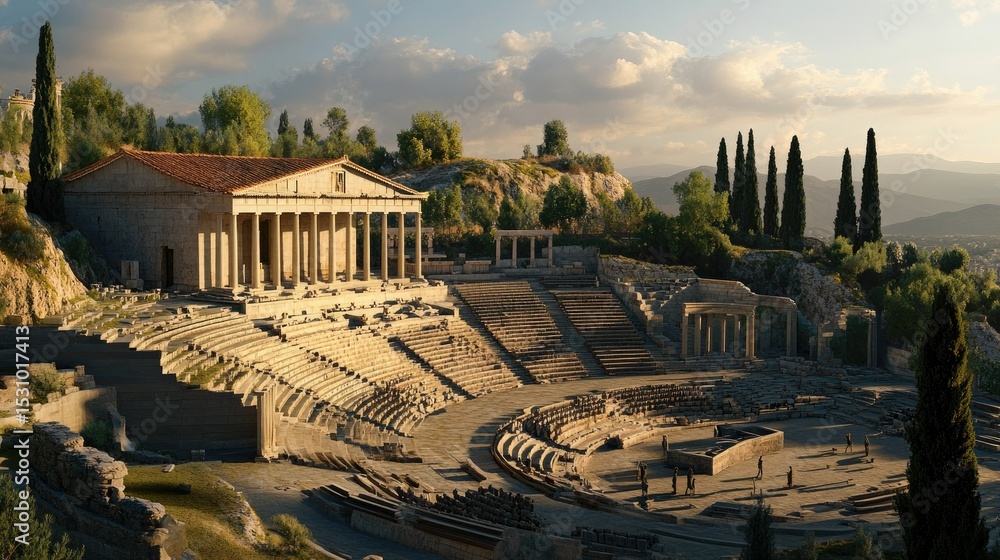 Obraz premium Ancient Greek Theatre and Temple at Sunset